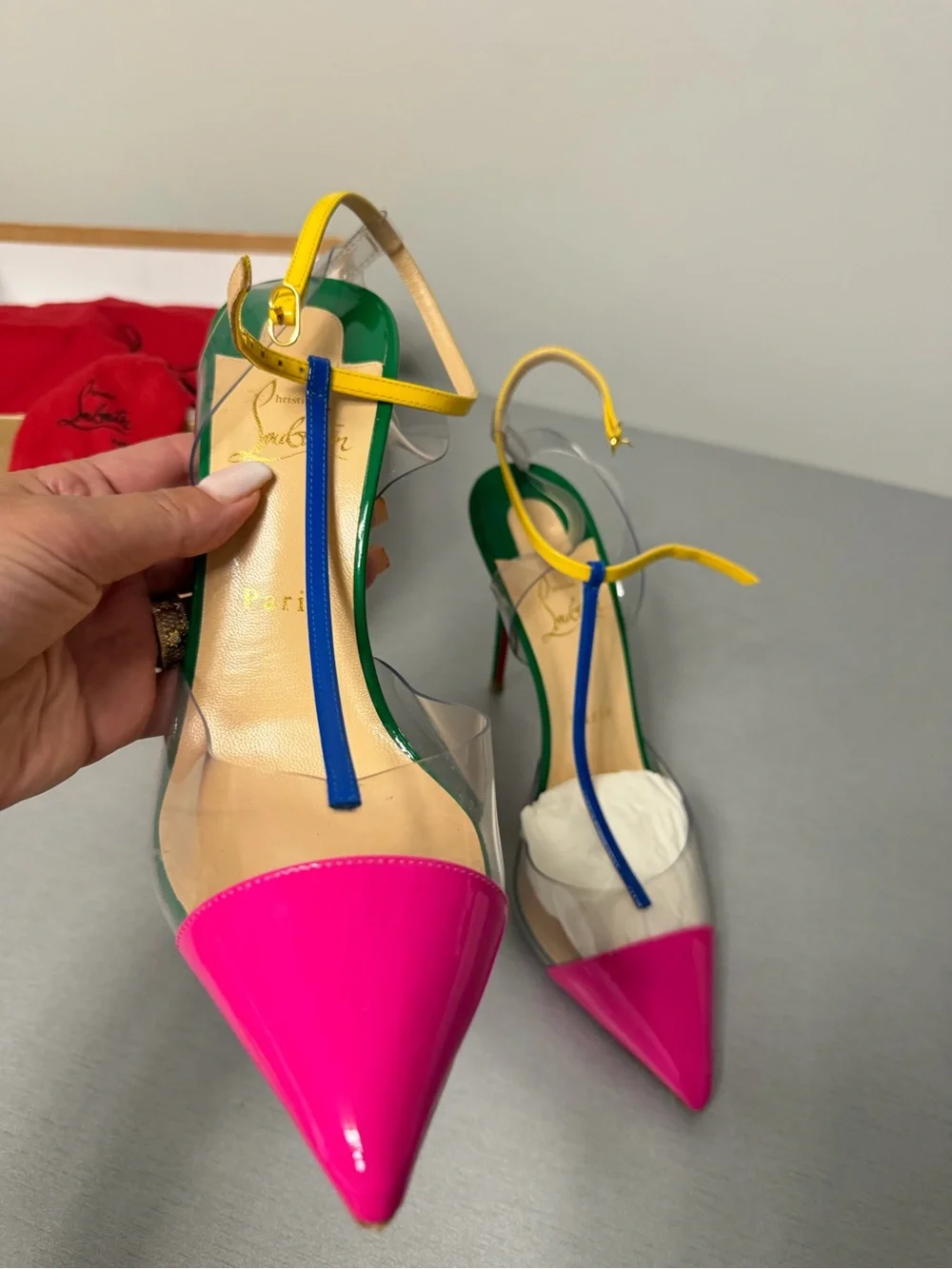 Christian Louboutin Pink Patent PVC T-Strap Pointed Toe Pumps 40.5